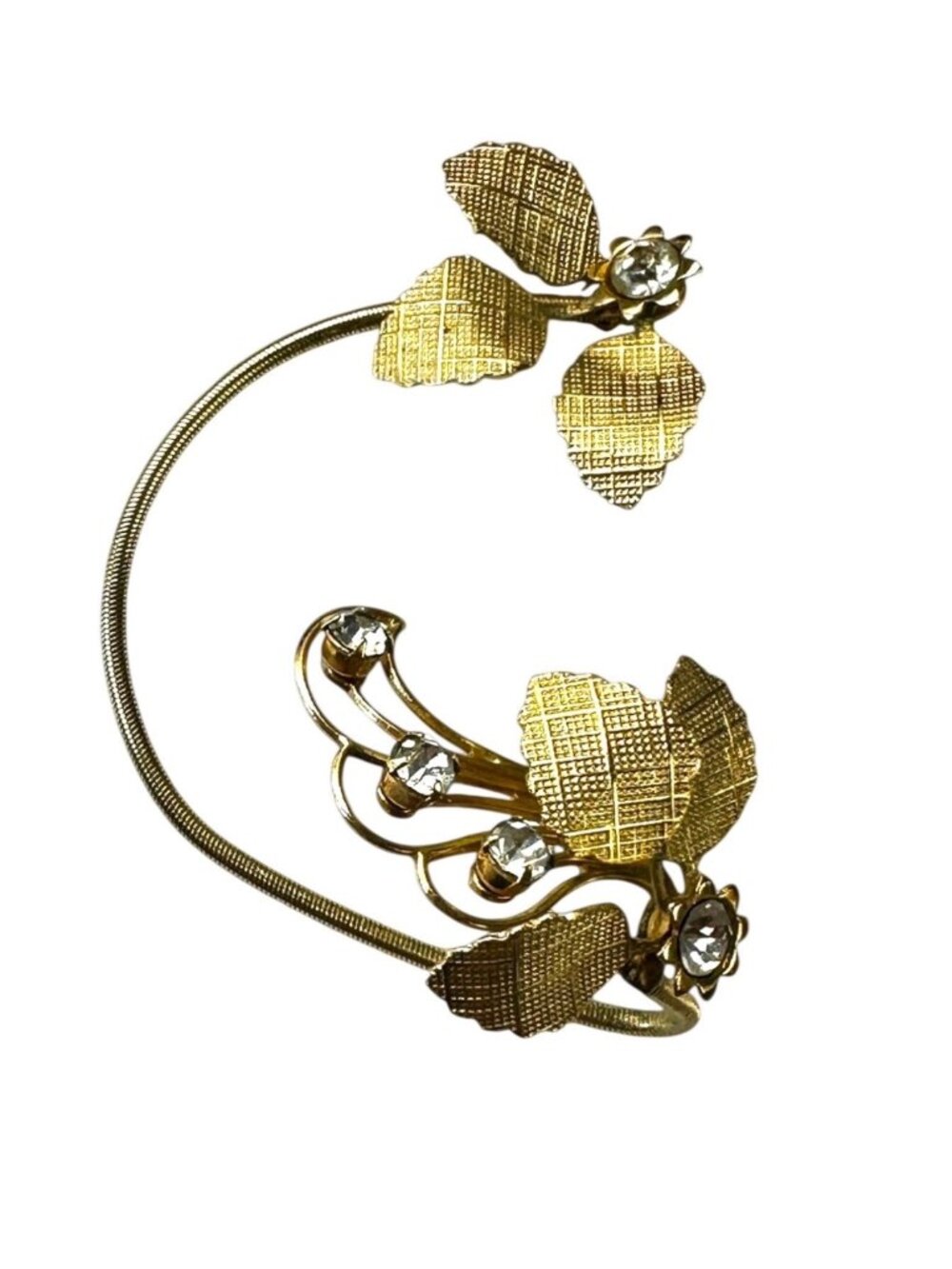 Vintage Gold-Tone Floral Ear Hugger Clip-On Earrings With Rhinestone Accents & T